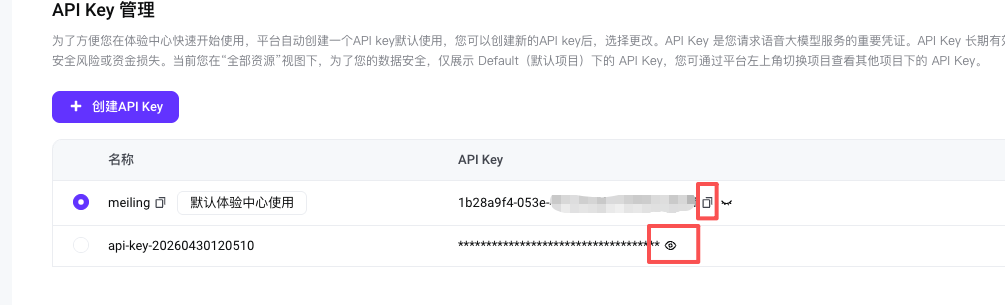 在 API Key 列表中点小眼睛显示密钥，再点复制按钮