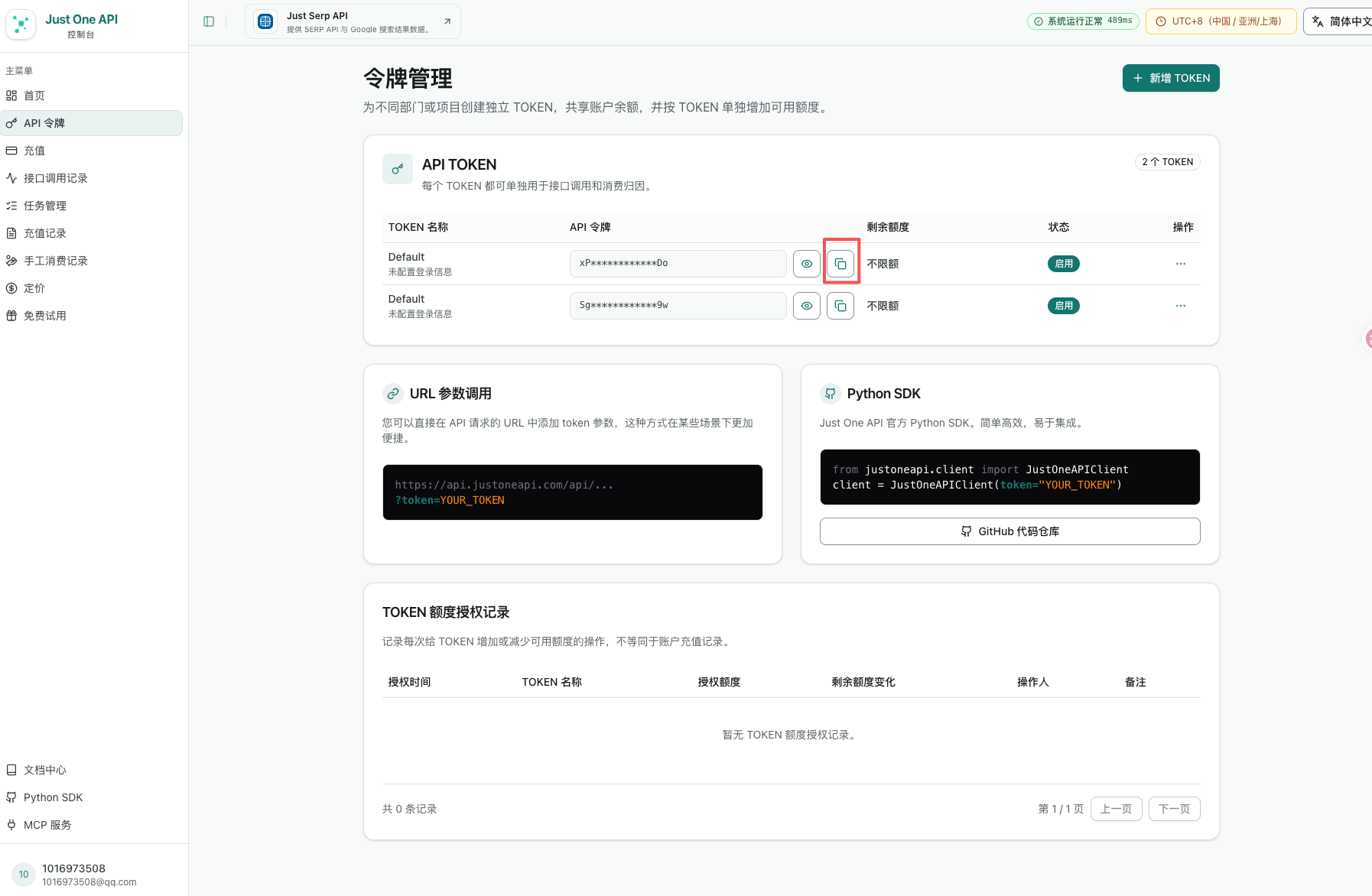 JustOneAPI Token 列表中的复制按钮
