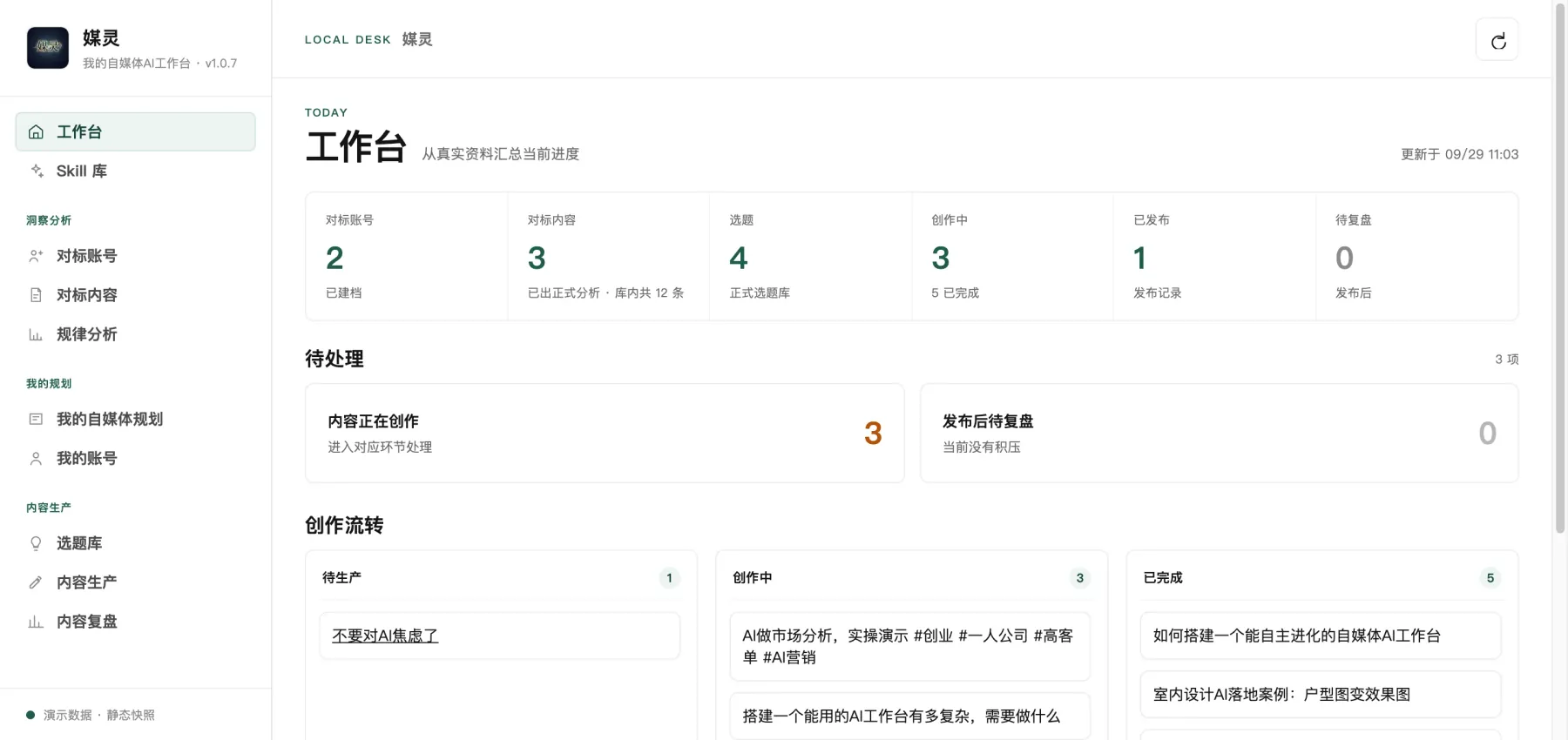 媒灵工作台 · 工作台总览界面
